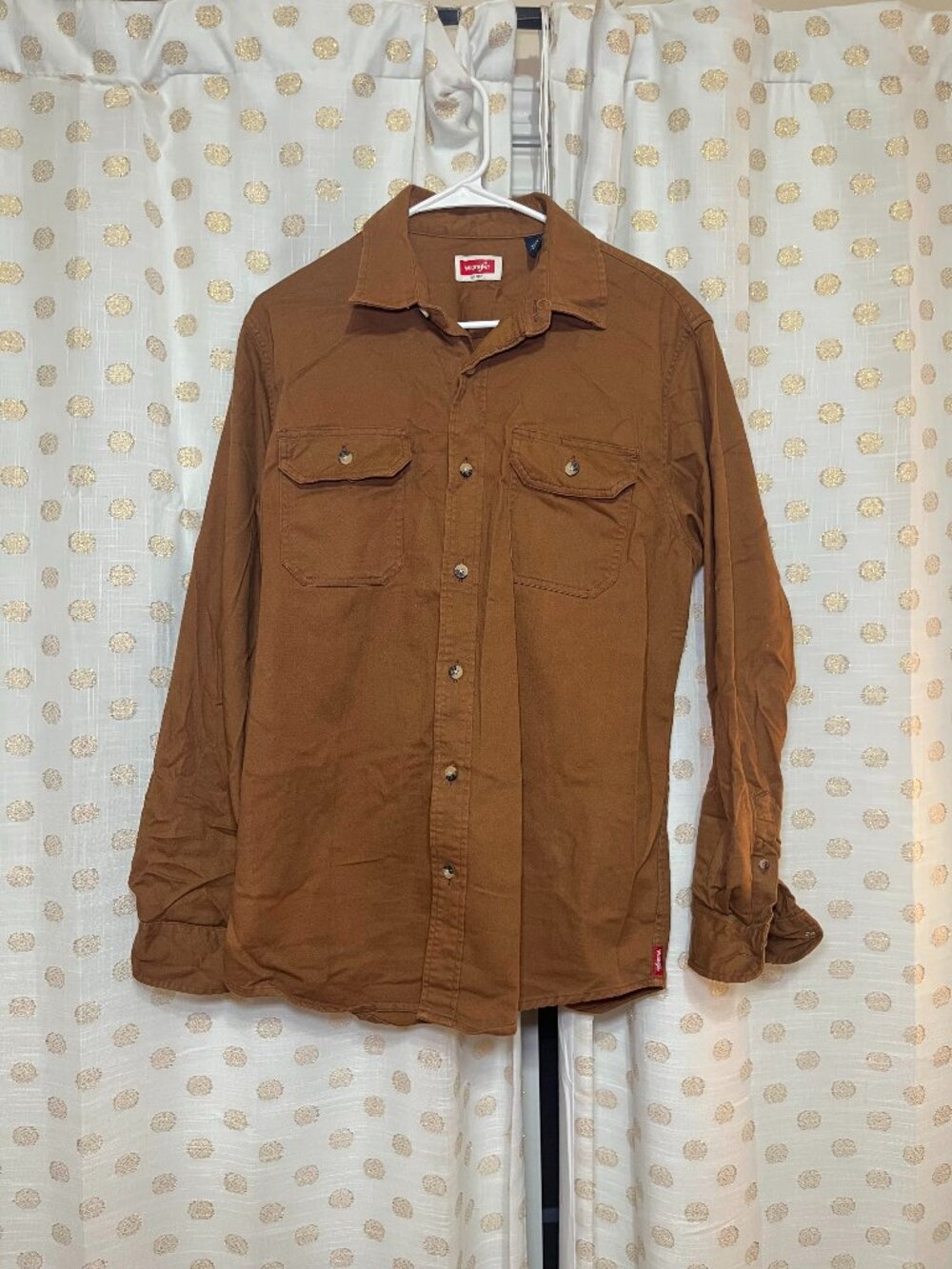 Wrangler Mens Medium Brown Twill Work Shirt Long Sleeve Button Up Workwear Stret